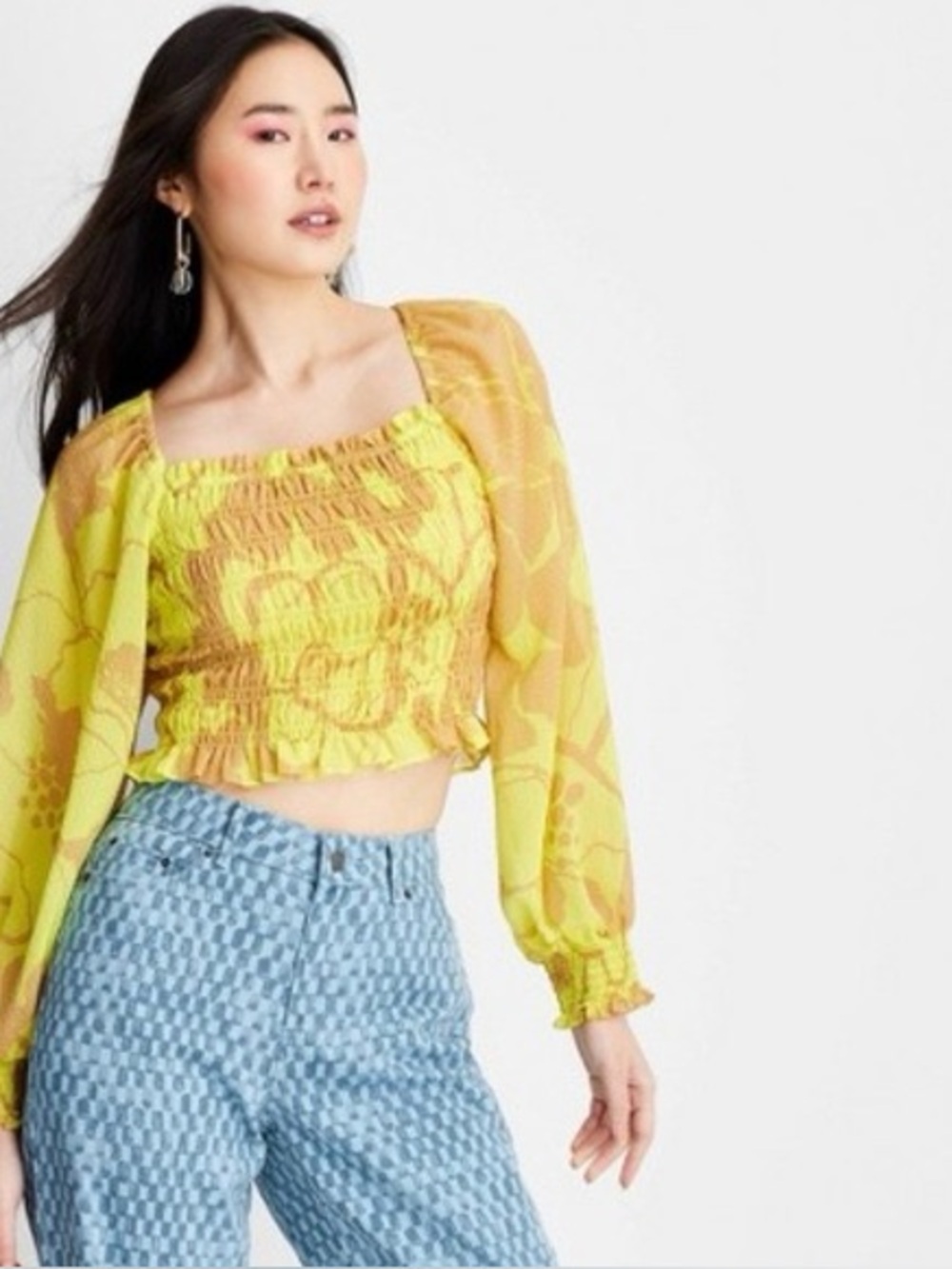 Future Collective Womens Semi Sheer Crop Top Sz L Yellow Tan Smocked Long Sleeve